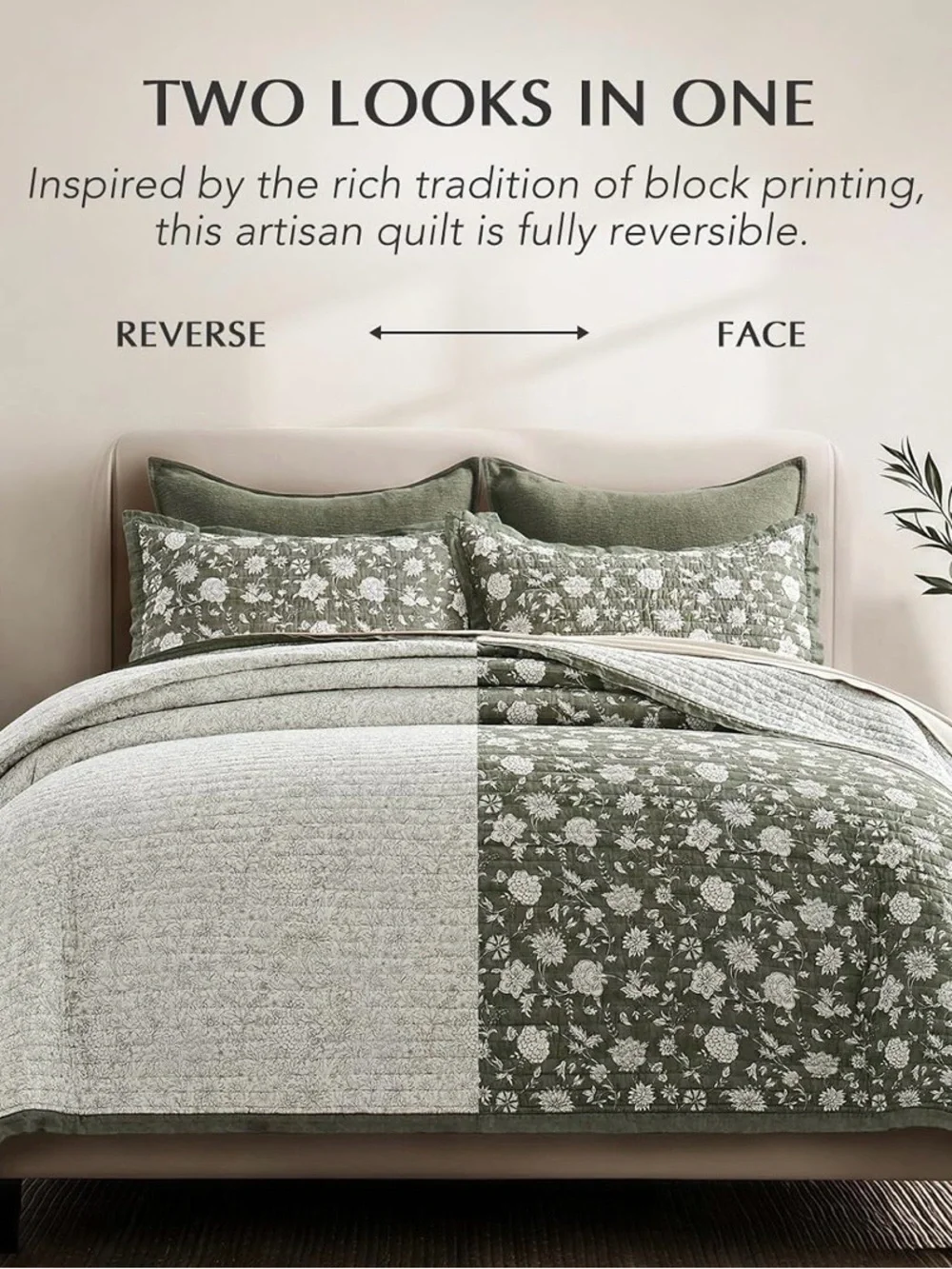 Green Floral Cotton Quilt Set - Classic Home Bedding